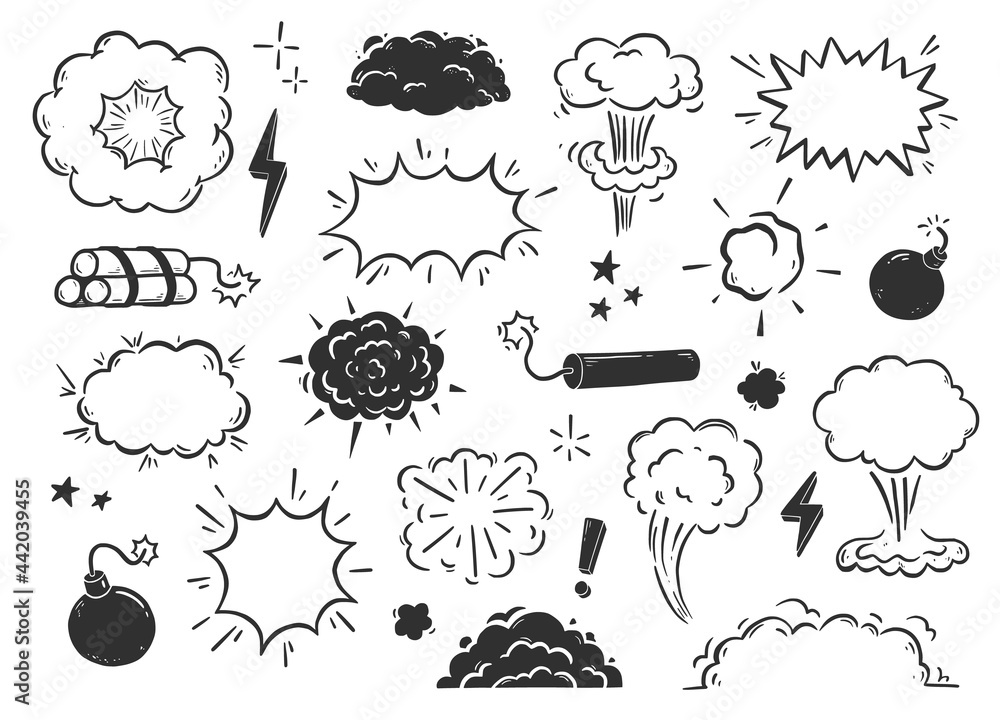 Hand drawn explosion, bomb, smoke element. Comic doodle sketch. Bomb ...