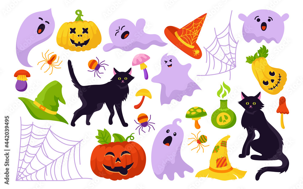 Halloween party horror cartoon set. Magic hag cauldron bat, toxic mushroom, wizard potion poison bottle. Black cat, pumpkin, hat spider web symbolic flat comic design. Vector illustration Halloween party horror cartoon set. Magic hag cauldron bat, toxic mushroom, wizard potion poison bottle. Black cat, pumpkin, hat spider web symbolic flat comic design. Vector illustration