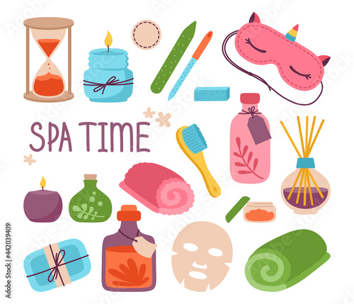 Beauty salon SPA home relaxation cartoon set. Face mask soap, aromatic candle, nail file, cream, sleep mask and tea cup, towel. Body care, me time concept. Female skin health cute relax vector