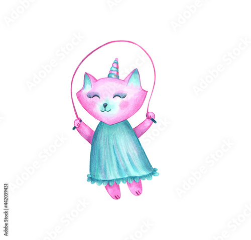 Unicorn cat with a jump rope pink in a turquoise dress isolated on a white background. Cute kitten princess. Baby shower. Watercolor and illustration.