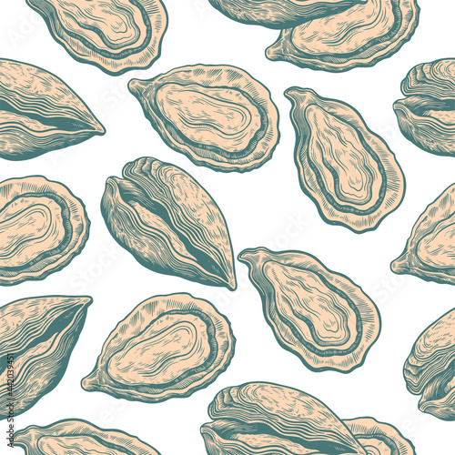  Vintage seamless pattern with oyster shells in engraving sketch hand drawn style Print with mussels elements 