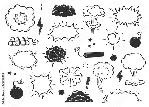 Hand drawn explosion, bomb, smoke element. Comic doodle sketch. Bomb cloud, dynamite, star sign. Vector illustration.