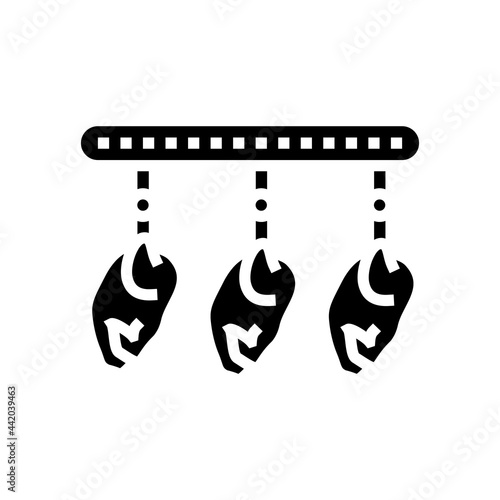 chicken carcass suspended on equipment glyph icon vector. chicken carcass suspended on equipment sign. isolated contour symbol black illustration