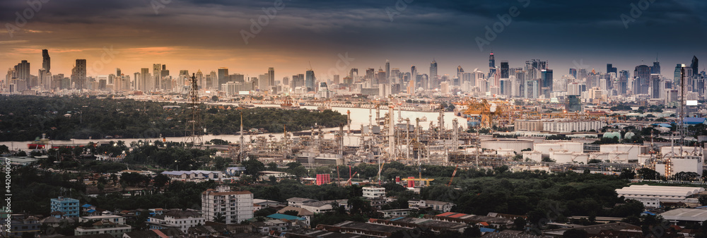 City Landscape and Oil Refinery Petrochemical Manufacturing Plant at Twilight Sunset Scenic, Industrial of Power Energy and Chemical Petroleum Product Factory With Cityscape Scenery. Heavy Industry