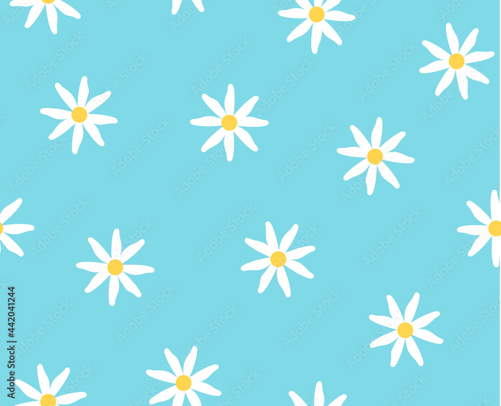 Abstract seamless pattern. Limitless art white chamomile on blue background, doodle hand drawn repeat ornament. Boundless decor for fabric, paper wrap, print, wallpaper design. Vector illustration Abstract seamless pattern. Limitless art white chamomile on blue background, doodle hand drawn repeat ornament. Boundless decor for fabric, paper wrap, print, wallpaper design. Vector illustration