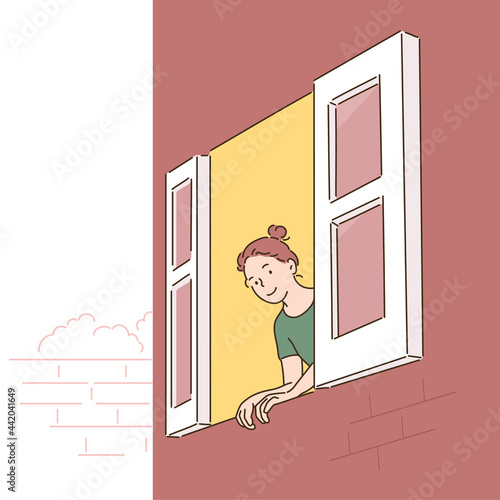 A woman is opening the window and looking out. hand drawn style vector design illustrations. 