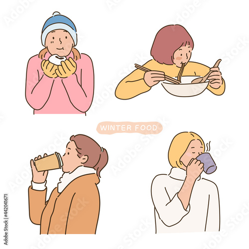 People eating warm winter food. hand drawn style vector design illustrations. 