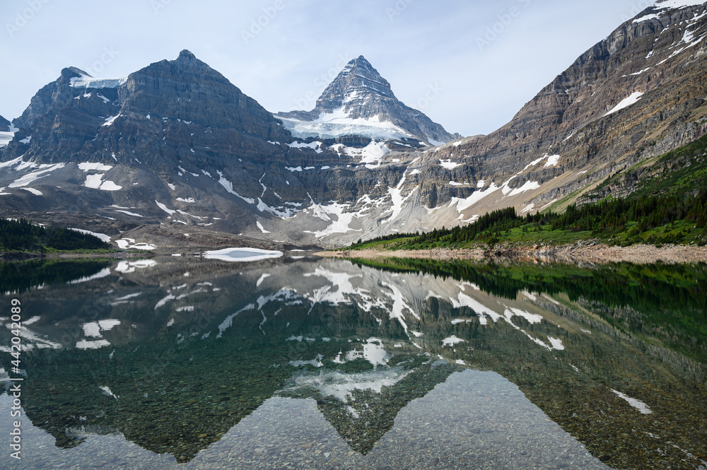 Mountain (Mount Assiniboine) reflected in lake landscape