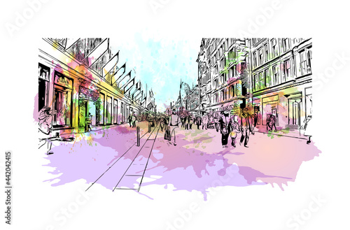 Building view with landmark of Glasgow is the 
city in Scotland. Watercolor splash with hand drawn sketch illustration in vector.