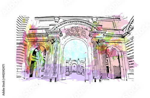 Building view with landmark of Glasgow is the 
city in Scotland. Watercolor splash with hand drawn sketch illustration in vector.