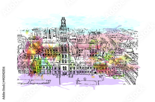 Building view with landmark of Glasgow is the 
city in Scotland. Watercolor splash with hand drawn sketch illustration in vector.