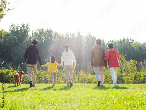Happy family of five and pet dog walking in the park