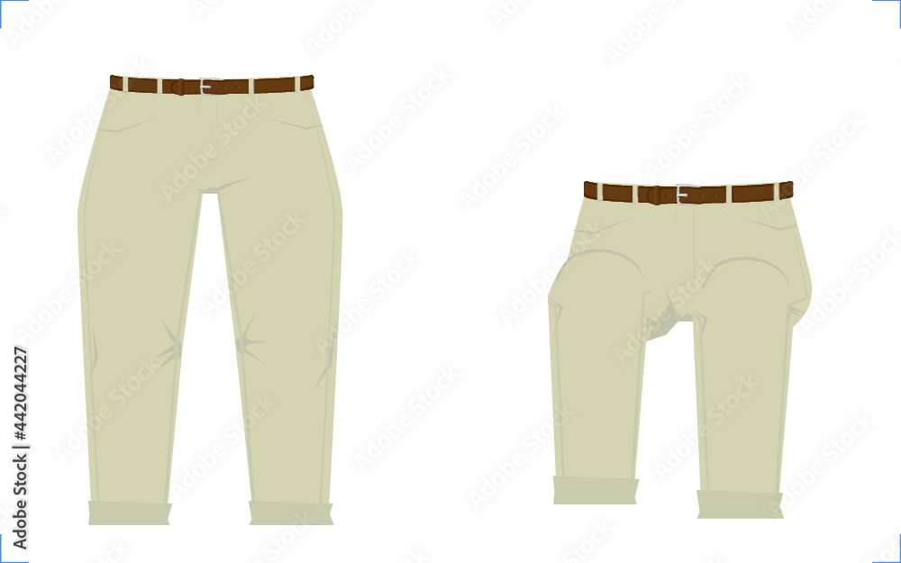 khakis: illustration of business trouser in front and sitting positions with brown belt and cuff for character development khakis: illustration of business trouser in front and sitting positions with brown belt and cuff for character development