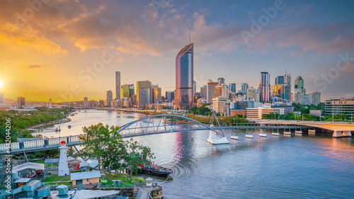 Brisbane city skyline and Brisbane river at sunset photo