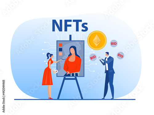 Non fungible token sell and buy art on market place illustration landing page for websites, mobile applications vector
