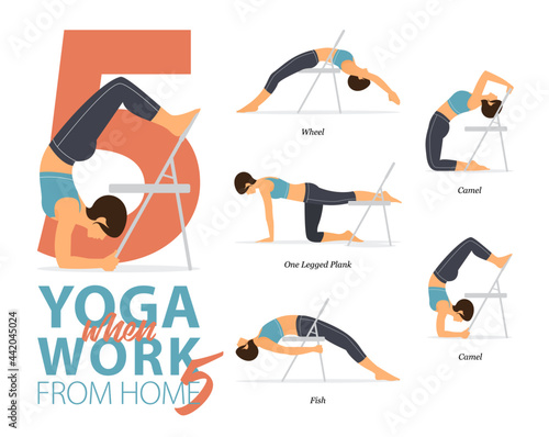 5 Yoga poses or asana posture for workout in working at home concept. Women exercising for body stretching with yoga chair. Fitness infographic. Flat cartoon vector