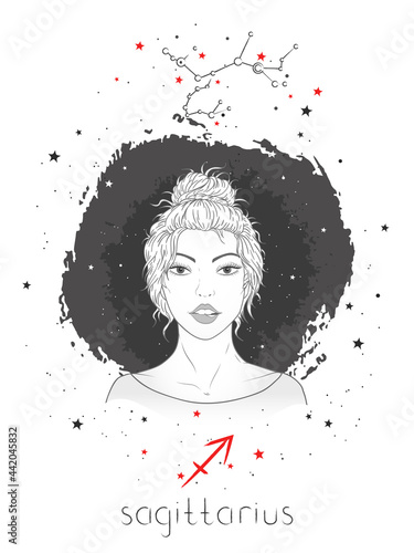 Sagittarius zodiac sign and constellation. Vector illustration with a beautiful horoscope symbol girl on grunge background. 