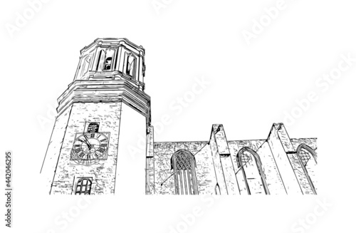 Building view with landmark of Girona is a city in Spain. Hand drawn sketch illustration in vector.