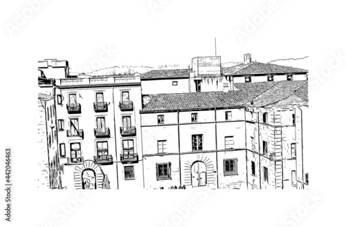 Building view with landmark of Girona is a city in Spain. Hand drawn sketch illustration in vector.