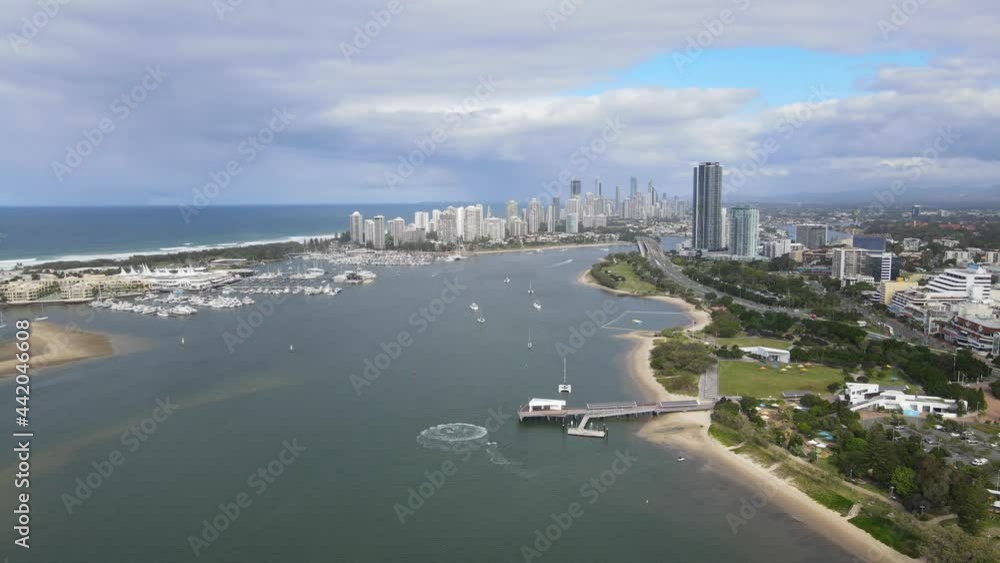 Aerial View Of Southport Pier In Gold Coast Broadwater - Main Beach Skyline In Gold Coast, QLD, Australia. Aerial View Of Southport Pier In Gold Coast Broadwater - Main Beach Skyline In Gold Coast, QLD, Australia.