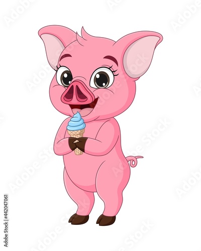 Cute baby pig cartoon eating ice cream