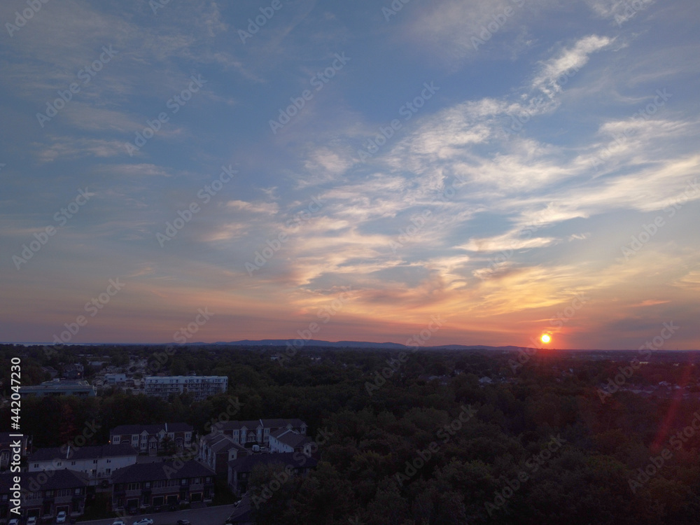 Aerial photos of a beautiful sunset with white clouds and blue sky over the river