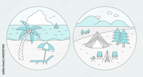 海と山の風景、ビーチリゾートとキャンプ場の丸形イラスト