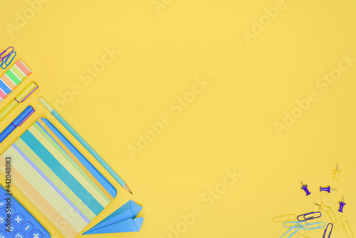 Yellow and blue concept of education  back to school or office settlements concept. Stationery on yellow background with copy space. Calculator  notebook  pens  pins and blue paper airplane top view.