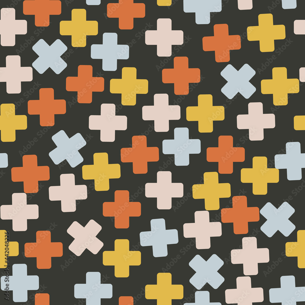 Black with pink, yellow, baby blue, orange cross seamless pattern background design. Black with pink, yellow, baby blue, orange cross seamless pattern background design.