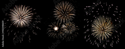 Set of fireworks, explosion on a black background, festive fireworks for the new year, 4th of July, birthday. Can be used as a design element for your photos