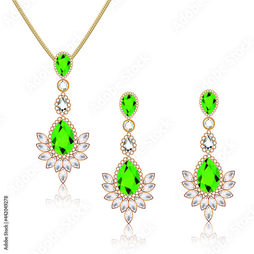 Illustration set of gold jewelry pendant on a chain and earrings with emeralds photo