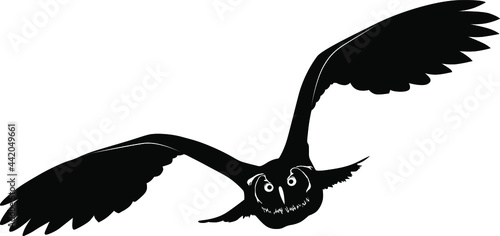 Black and white image of a flying owl vector illustration
