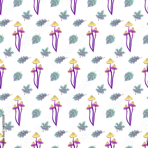 Pattern with purple mushrooms and blue leaves. Vector illustration isolated on white background. For packaging, prints, fabrics, shops, markets, tailor shops, covers, brochures and other decor.