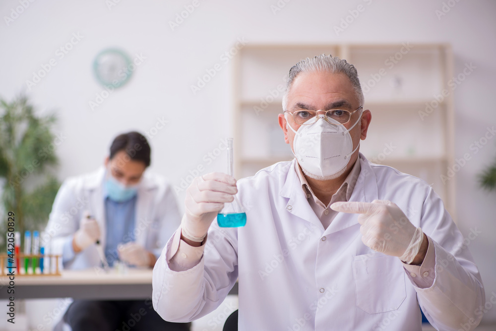 Two male chemists working at the lab during pandemic Two male chemists working at the lab during pandemic
