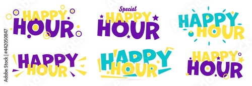 Happy hours color special label, badge or emblem. Set of club party or daily event entertainment