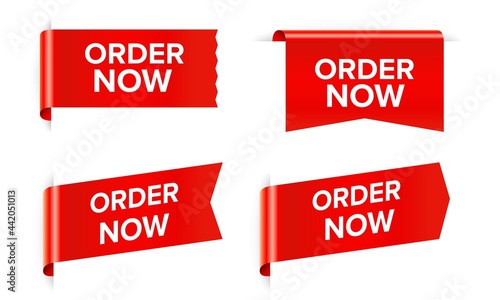 Order now red sticker and tag isolated on white background