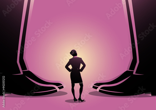 Business woman standing between giant men's legs