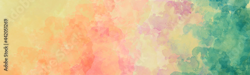 Watercolor background, blue green pink orange red and yellow rainbow colors in colorful painting of sunset or sunrise clouds, gradient abstract watercolor illustration with no people