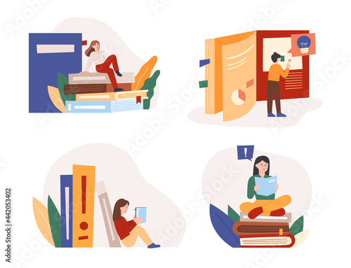 People are reading huge books piled up. flat design style minimal vector illustration.