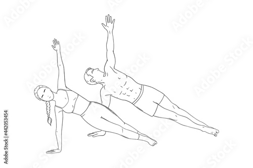 Woman and man in side plank pose. Yogi couple in vasisthasana isolated in white background. Sketch vector illustration isolated in white background