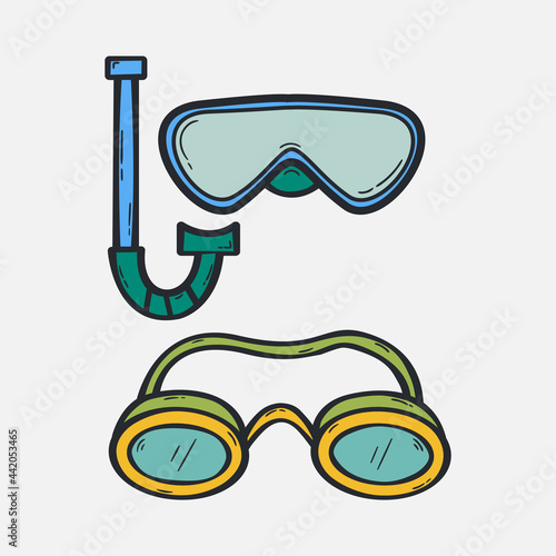 Set Hand drawn Mask and snorkel for swimming icon Design Template. vector sketch doodle illustration isolated on white background. Summer holiday equipment for swim in ocean