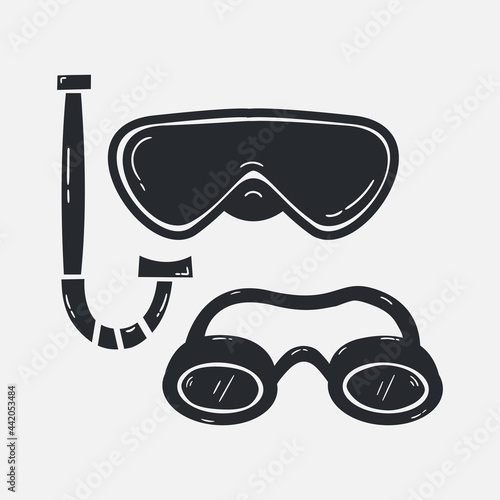 Set Hand drawn Mask and snorkel for swimming icon Design Template. vector sketch doodle illustration isolated on white background. Summer holiday equipment for swim in ocean