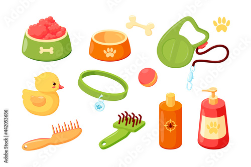 Dog accessories with collar, bowls, duck, combs, shampoo and leash. Puppy stuff for grooming, feeding and games. Vector illustration in cute comic style