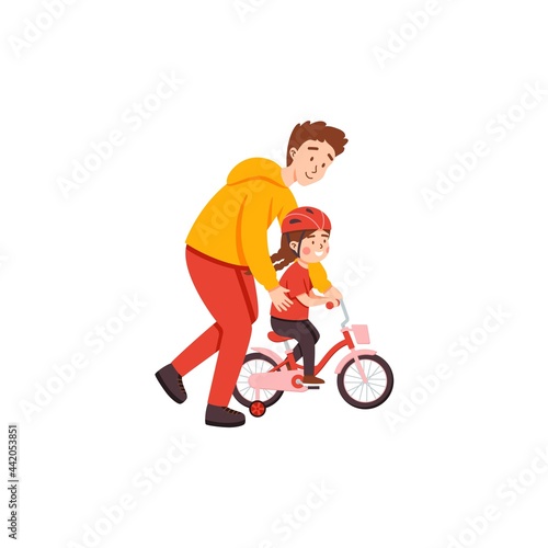 Father teaching his child how to ride a bike, flat vector illustration isolated.