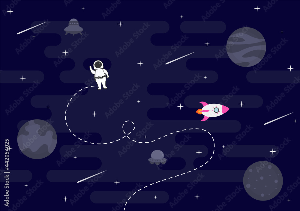 Astronaut With Rocket Illustration For Explore In Outer Space And Movement To See Stars, Moon, Planets Or Asteroids Astronaut With Rocket Illustration For Explore In Outer Space And Movement To See Stars, Moon, Planets Or Asteroids