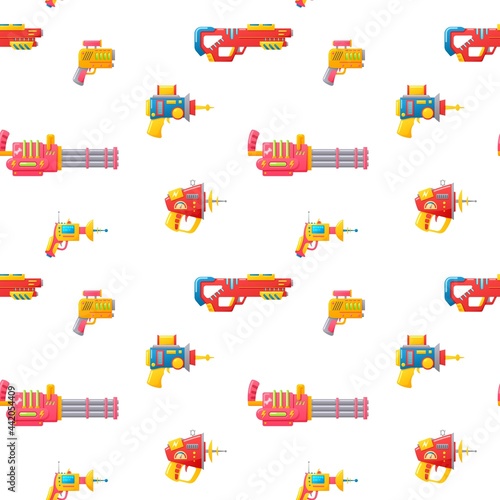 Seamless pattern with blaster weapon, cartoon flat vector illustration on white.