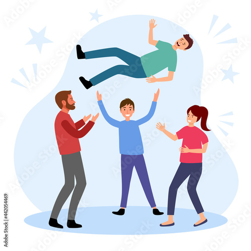 People celebrating victory achievement. Successful happy team throwing up tossing in air guy colleague giving congratulation. Delightful success celebration.