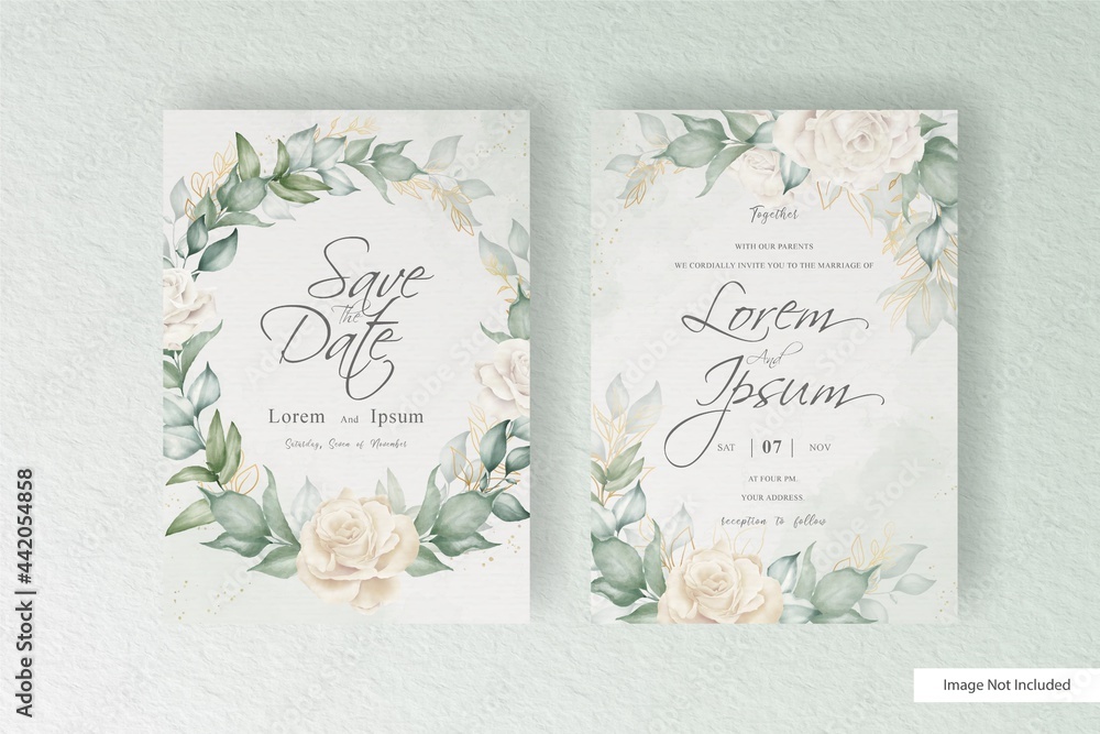 elegant wedding invitation template with watercolor flower and leaves