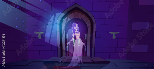Woman ghost in medieval castle with wooden doors. Vector cartoon spooky illustration of entrance to dungeon, prison or fortress and dead girl spirit. Halloween scary background with phantom lady