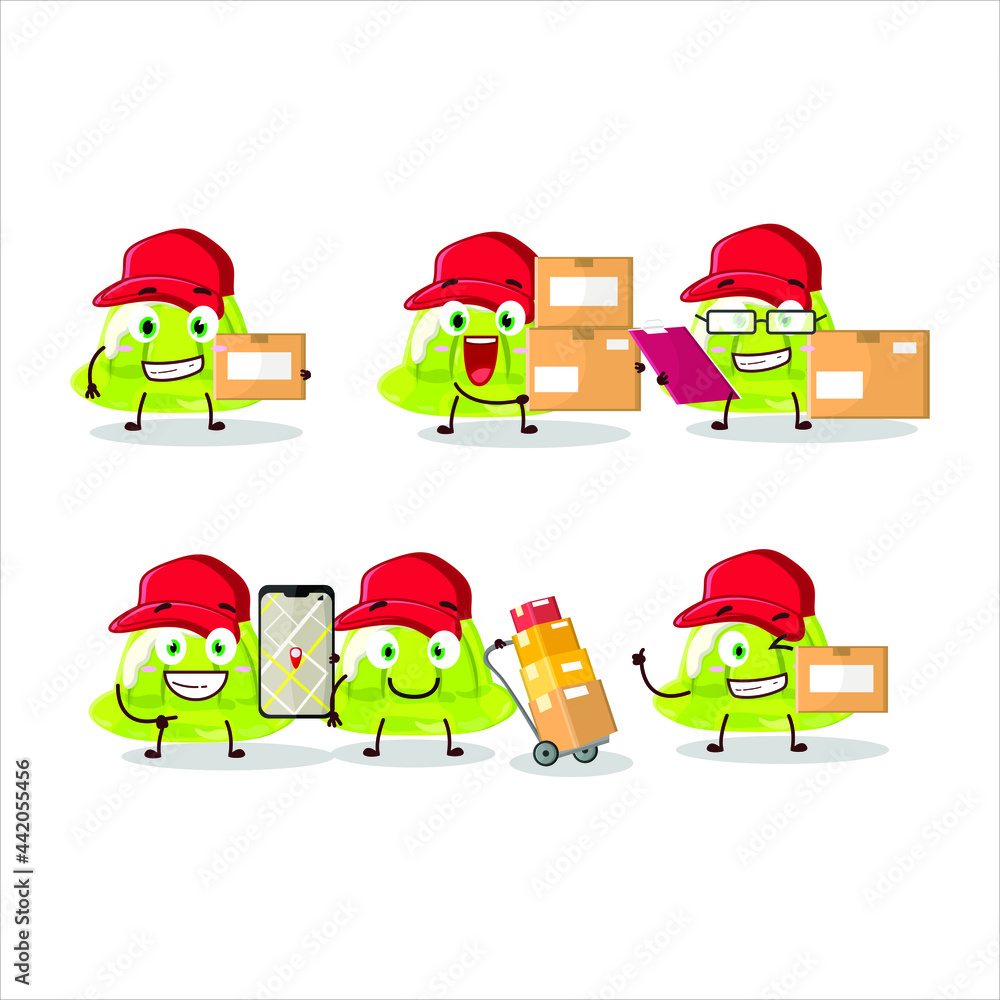 Cartoon character design of green pudding working as a courier. Vector illustration Cartoon character design of green pudding working as a courier. Vector illustration
